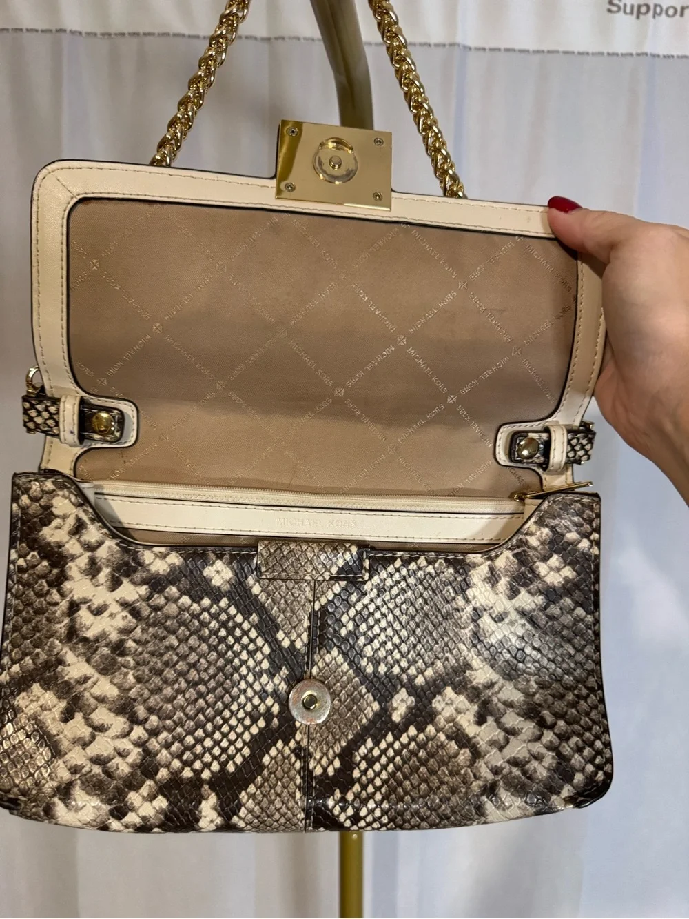 Michael Kors Sonia Snake-Print Shoulder Bag in Brown and Cream with Gold Chain